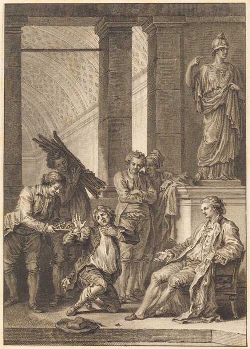 The image shows a group of five men and a statue within an elaborate architectural setting. Four men stand on the left side: one man holds a platter of grapes, another carries a bundle of sticks on his shoulder, and a third is kneeling with his hand up as if surprised. Two other men, dressed similarly, stand behind him. To the far right, a man is seated in a chair, looking towards the scene on his left, wearing an ornate coat with lace. A cap lies on the ground in front of the kneeling man. Behind them stands a large statue of a figure in classical robes and a helmet, with one arm slightly raised. The background includes tall pillars and a decorated arched ceiling, conveying formality and grandeur.