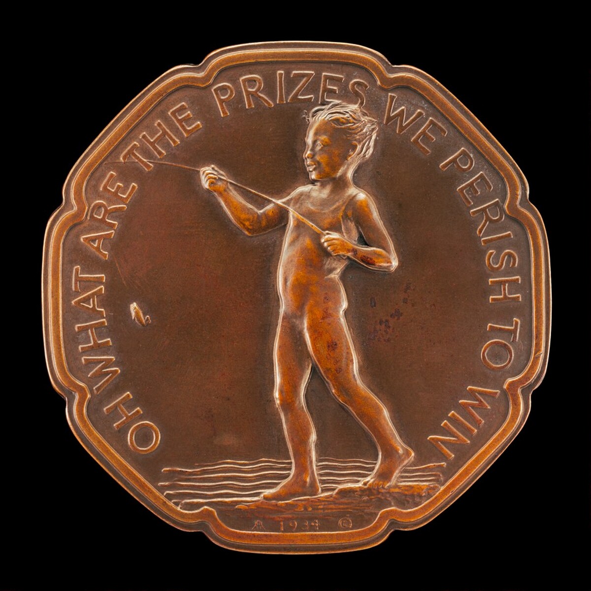 "Oh, what are the prizes we perish to win,To the first little 'shiner' we caught with a pin?" [obverse]