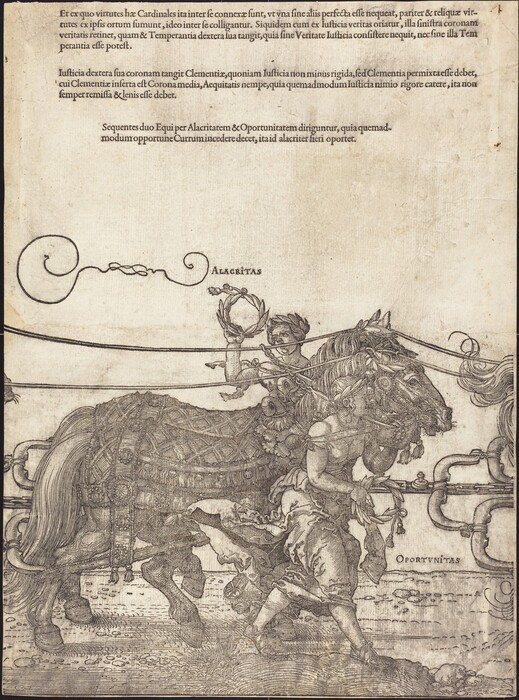 This is a drawing of two individuals in classical attire guiding horses. The foreground features two armored horses being led by figures dressed in draped garments typical of classical antiquity. The intricate line work highlights the ornate detailing on the harnesses and garments. Above the horses, the words "ALACRITAS" and "OPORTUNITAS" are labeled. The drawing includes text in a formal script at the top of the image. The line work is delicate, conveying a high level of craftsmanship likely intended to convey allegorical themes.