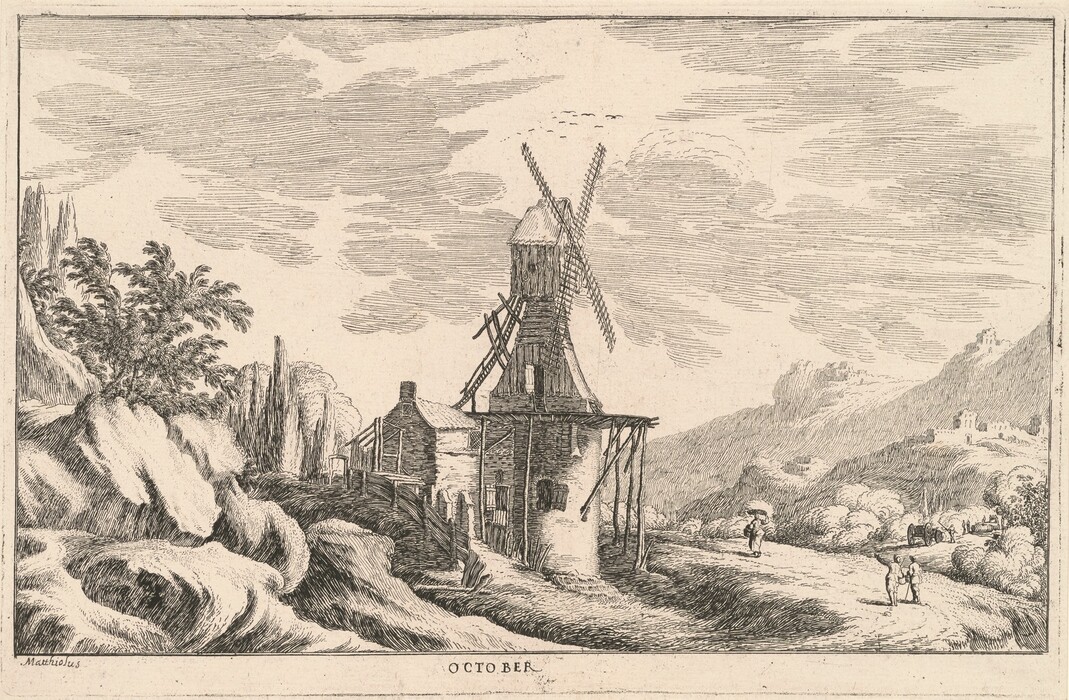 This image displays a landscape with a rustic windmill slightly off-center and elevated above the horizon. The horizon is low, showcasing an expansive sky with stylized clouds rendered in fine, parallel lines. The brushstrokes (or engravings) detail the scene with hatching and cross-hatching for shading. Trees with dense foliage are depicted to the left, near a rocky outcrop. A dirt path leads to the windmill, where small figures are walking, with additional figures in the distance. Rolling hills with trees and buildings lead to distant rising hills. The color palette is primarily sepia, typical of engraved prints, giving the scene a nostalgic quality.