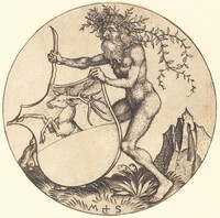 Shield with Stag, Held by Wild Man, Martin Schongauer, c. 1480/1490
