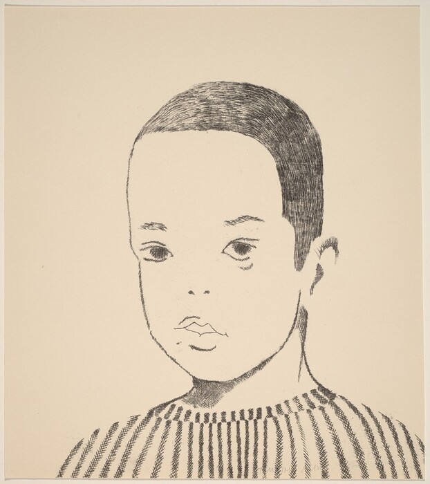 The image depicts the head and shoulders of a young person facing forward. The person has a smooth face with large eyes, delicate eyebrows, a small mouth, and short hair. They are wearing a shirt with vertical stripes. The background is a plain, light-colored surface. No additional objects or jewelry are present in the image.
