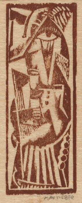 The image shows a composition of curved and angular lines forming an arrangement within a rectangular frame. The abstract design includes geometric shapes resembling fragments of stylized features. The shapes suggest a figure seated and holding an object, with linear patterns that may evoke draped fabric or curtains.