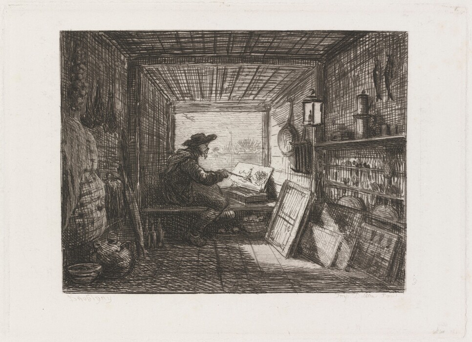 The image features a man seated on a bench looking at a sketchbook. He wears a wide-brimmed hat and an overcoat. The man is in a rustic setting with various art supplies around him. Light from an open window shines into the room, displaying a view of water and trees outside.