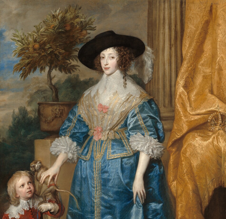 A woman with pale skin, wearing a shimmering, azure-blue gown, stands next to a child with a pale pink complexion, wearing a flame-red suit in this vertical portrait painting. The woman stands at the center of the composition with her body angled to our left, but she looks at us from the corners of her brown eyes. She has a straight nose, softly arched brows, and her full, coral-pink lips are closed. A hint of a shiny silver earring pokes through brown ringlets, and one curl falls over one shoulder. Two long, white feathers droop off the side of her wide brimmed, black hat. The bodice and full skirt of her blue dress are trimmed with bands of gold along the hems, down the sleeves, and down the front of the skirt. The blue fabric is covered with short, diagonal strokes of lighter blue. White fabric covers the front of her bodice under a tall, wide, stiff, lacy white collar that extends from her chin to her shoulders. Two rose-pink bows are tied on the white fabric on her chest. The cuffs of her elbow-length sleeves have layers of white ruffles. She touches her skirt with her left hand, to our right, and with the other touches a monkey on the boy’s shoulder. To our left, the boy’s body faces us but he looks up at the woman with dark eyes. He has rounded cheeks, and his lips are parted in a slight smile. His shoulder-length blond hair reaches to his wide, lacy collar. His red suit has long sleeves, and the coat is buttoned down the front. Ivory-white gloves reach back over his forearms, and the tops of his knee-high, fawn-brown boots are folded over. He raises his left arm, closer to the woman, to hold a monkey on a tether. The monkey stands with its feet on the boy’s forearm and its front paws on the boy’s shoulder. The woman and boy stand on a wide, curved, peanut-brown stone step. A fluted column rises to our right of the woman, and a gold, brocade curtain hangs down the right edge of the canvas, partially in front of the column. A pearl-encrusted crown is tucked into the folds of the curtain. On a ledge to our left of the woman, a miniature orange tree grows in a pot. The landscape beyond has soft green trees against a blue sky mostly screened with parchment-brown clouds.