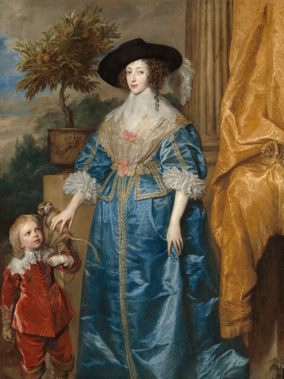 A woman with pale skin, wearing a shimmering, azure-blue gown, stands next to a child with a pale pink complexion, wearing a flame-red suit in this vertical portrait painting. The woman stands at the center of the composition with her body angled to our left, but she looks at us from the corners of her brown eyes. She has a straight nose, softly arched brows, and her full, coral-pink lips are closed. A hint of a shiny silver earring pokes through brown ringlets, and one curl falls over one shoulder. Two long, white feathers droop off the side of her wide brimmed, black hat. The bodice and full skirt of her blue dress are trimmed with bands of gold along the hems, down the sleeves, and down the front of the skirt. The blue fabric is covered with short, diagonal strokes of lighter blue. White fabric covers the front of her bodice under a tall, wide, stiff, lacy white collar that extends from her chin to her shoulders. Two rose-pink bows are tied on the white fabric on her chest. The cuffs of her elbow-length sleeves have layers of white ruffles. She touches her skirt with her left hand, to our right, and with the other touches a monkey on the boy’s shoulder. To our left, the boy’s body faces us but he looks up at the woman with dark eyes. He has rounded cheeks, and his lips are parted in a slight smile. His shoulder-length blond hair reaches to his wide, lacy collar. His red suit has long sleeves, and the coat is buttoned down the front. Ivory-white gloves reach back over his forearms, and the tops of his knee-high, fawn-brown boots are folded over. He raises his left arm, closer to the woman, to hold a monkey on a tether. The monkey stands with its feet on the boy’s forearm and its front paws on the boy’s shoulder. The woman and boy stand on a wide, curved, peanut-brown stone step. A fluted column rises to our right of the woman, and a gold, brocade curtain hangs down the right edge of the canvas, partially in front of the column. A pearl-encrusted crown is tucked into the folds of the curtain. On a ledge to our left of the woman, a miniature orange tree grows in a pot. The landscape beyond has soft green trees against a blue sky mostly screened with parchment-brown clouds.