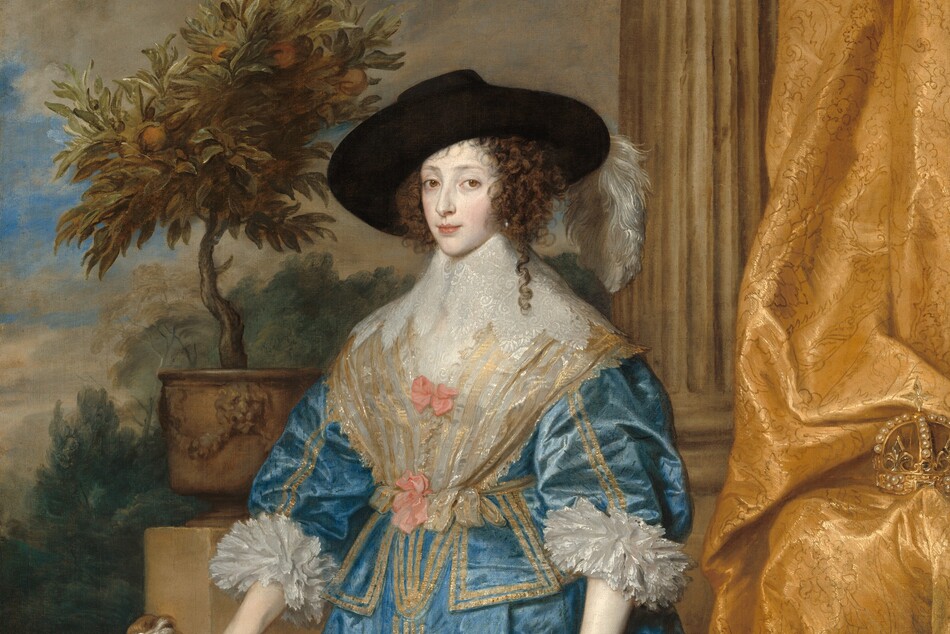 A woman with pale skin, wearing a shimmering, azure-blue gown, stands next to a child with a pale pink complexion, wearing a flame-red suit in this vertical portrait painting. The woman stands at the center of the composition with her body angled to our left, but she looks at us from the corners of her brown eyes. She has a straight nose, softly arched brows, and her full, coral-pink lips are closed. A hint of a shiny silver earring pokes through brown ringlets, and one curl falls over one shoulder. Two long, white feathers droop off the side of her wide brimmed, black hat. The bodice and full skirt of her blue dress are trimmed with bands of gold along the hems, down the sleeves, and down the front of the skirt. The blue fabric is covered with short, diagonal strokes of lighter blue. White fabric covers the front of her bodice under a tall, wide, stiff, lacy white collar that extends from her chin to her shoulders. Two rose-pink bows are tied on the white fabric on her chest. The cuffs of her elbow-length sleeves have layers of white ruffles. She touches her skirt with her left hand, to our right, and with the other touches a monkey on the boy’s shoulder. To our left, the boy’s body faces us but he looks up at the woman with dark eyes. He has rounded cheeks, and his lips are parted in a slight smile. His shoulder-length blond hair reaches to his wide, lacy collar. His red suit has long sleeves, and the coat is buttoned down the front. Ivory-white gloves reach back over his forearms, and the tops of his knee-high, fawn-brown boots are folded over. He raises his left arm, closer to the woman, to hold a monkey on a tether. The monkey stands with its feet on the boy’s forearm and its front paws on the boy’s shoulder. The woman and boy stand on a wide, curved, peanut-brown stone step. A fluted column rises to our right of the woman, and a gold, brocade curtain hangs down the right edge of the canvas, partially in front of the column. A pearl-encrusted crown is tucked into the folds of the curtain. On a ledge to our left of the woman, a miniature orange tree grows in a pot. The landscape beyond has soft green trees against a blue sky mostly screened with parchment-brown clouds.