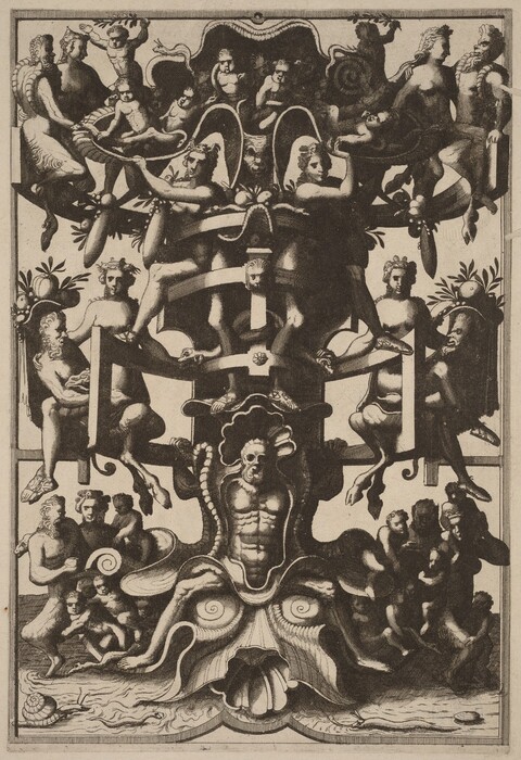 The image displays an intricate composition of curved lines and spirals forming a tree-like structure populated by various human figures and mythical creatures. The figures are arranged throughout the branches and base of the tree. familiar elements such as satyrs, serpents, and cherub-like children are intertwined with the flow of the tree's trunk and branches. Swirling shell forms and a central skeletal figure create a foundation at the base.
