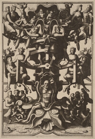 Man Sitting on an Auricular Mask, Supporting a Strapwork Frame on his Shoulders