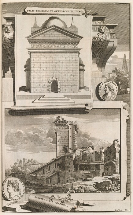 The image is an architectural engraving divided into two sections. At the top, there is a frontal view of a temple with a classical façade, columns, and a domed roof. The bottom section shows ruins of a historical structure with a diagonal composition. The image features decorative elements and a small coin illustration of a Roman emperor. The engraving style emphasizes line work and shading for texture and dimension, with a monochromatic color palette of black, gray, and white.