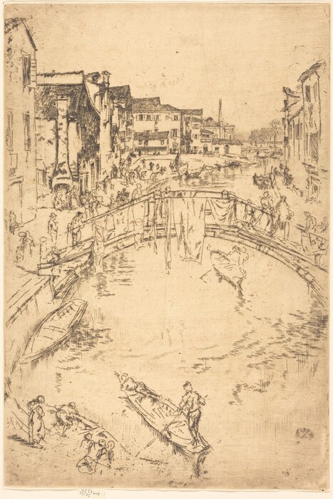 The image shows a canal scene from an elevated perspective. People and boats are visible on the water. Buildings line the canal, leading the eye towards the horizon. The etching technique creates a sketch-like quality with fine lines suggesting details. The color palette is monochromatic, with warm tones on the paper and black ink for contrast. Figures attend to boats near the canal's edge, while others engage in activities near a bridge in the distance. Architectural features frame the urban environment.