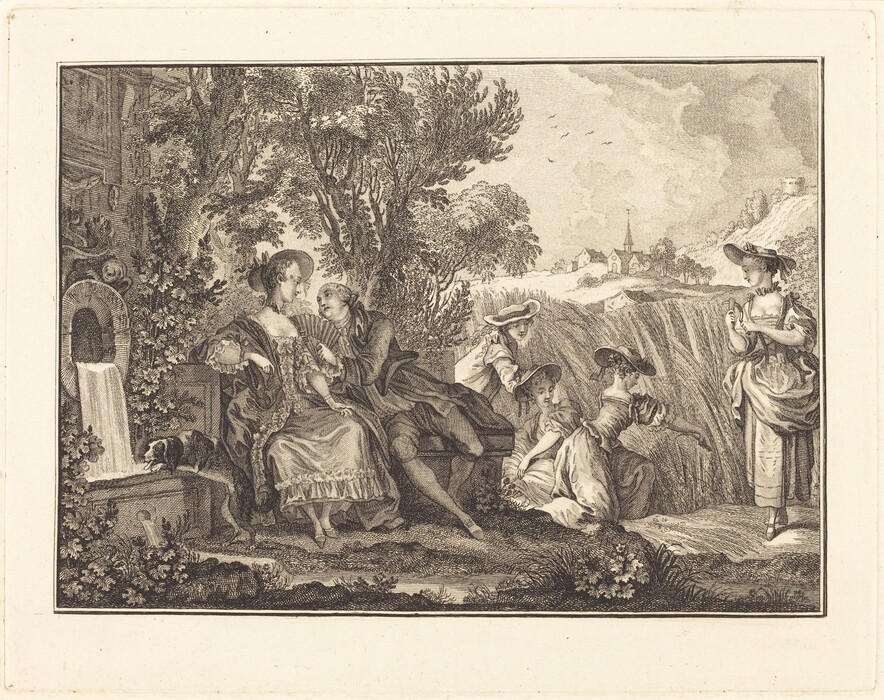 This is a drawing of a pastoral scene. The setting includes a lush environment with hills in the background, and a small flow of water cascading from an archway-like structure decorated with natural elements. There are figures engaged in activities in the foreground, including one seated and holding a fan, and another leaning close. A dog stands by the fountain. In the distance, a small village with a church steeple can be seen. The style and technique suggest delicacy and precision typical of a particular period known for capturing the simplicity and charm of rustic life.
