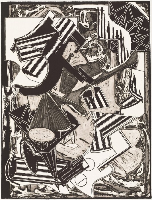 The image consists of bold swirling lines and geometric shapes creating a dynamic composition. It has an abstract nature, resembling a collage of various forms. The elements include patterns of stripes and lattice work against an intricate, textured background.