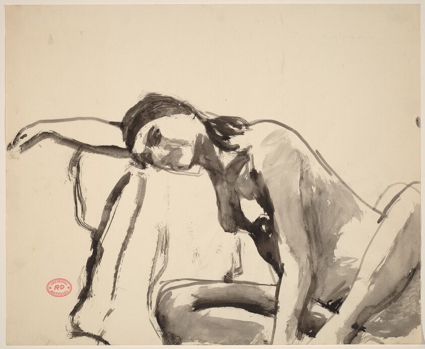 Untitled [seated nude resting her head and arm on a draped stand]