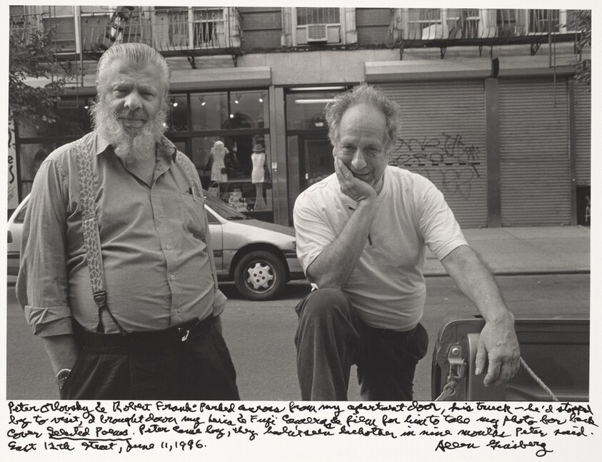 Peter Orlovsky & Robert Frank parked across from my apartment door, his truck --he had stopped by to visit.  I brought down my Leica & Fuji cameras & film for him to take my photo for back cover _Selected Poems_. Peter came by. They hadn't seen each other in nine months Peter said. East 12th street, June 11, 1996.