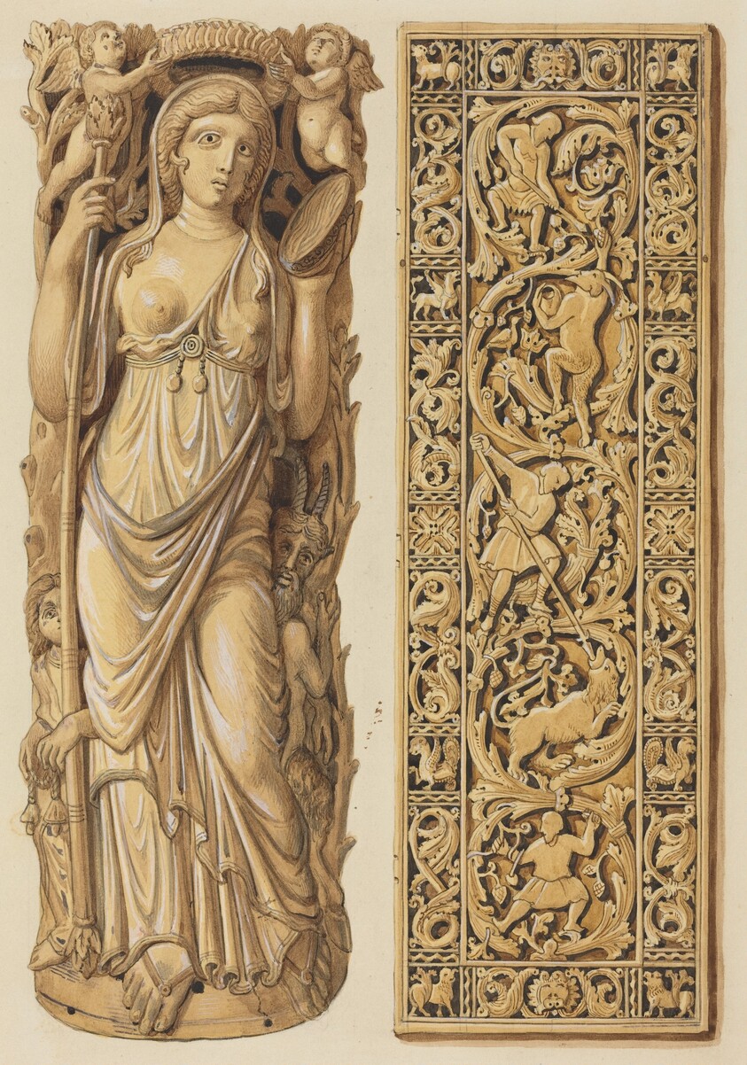 Renderings of an Ivory Carving of Ariadne from the 6th Century and an Ivory Plaque from the 9th Century