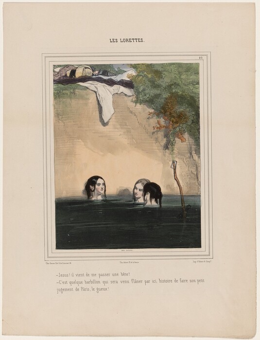 In the image titled "Les Lorettes," the heads of three women are visible as they are partially submerged in dark water. The women are positioned facing slightly towards each other. Each woman has distinct facial features and long dark hair falling over their shoulders. They appear to be engaged in conversation. There is no visible jewelry or objects being held. Their expressions are neutral and their skin tone is even. The background shows a high, steep inclined bank lush with greenery and foliage. Above the bank are various items like light-colored towels and clothing. A solitary, thin tree trunk with sparse branches extends through the bank.