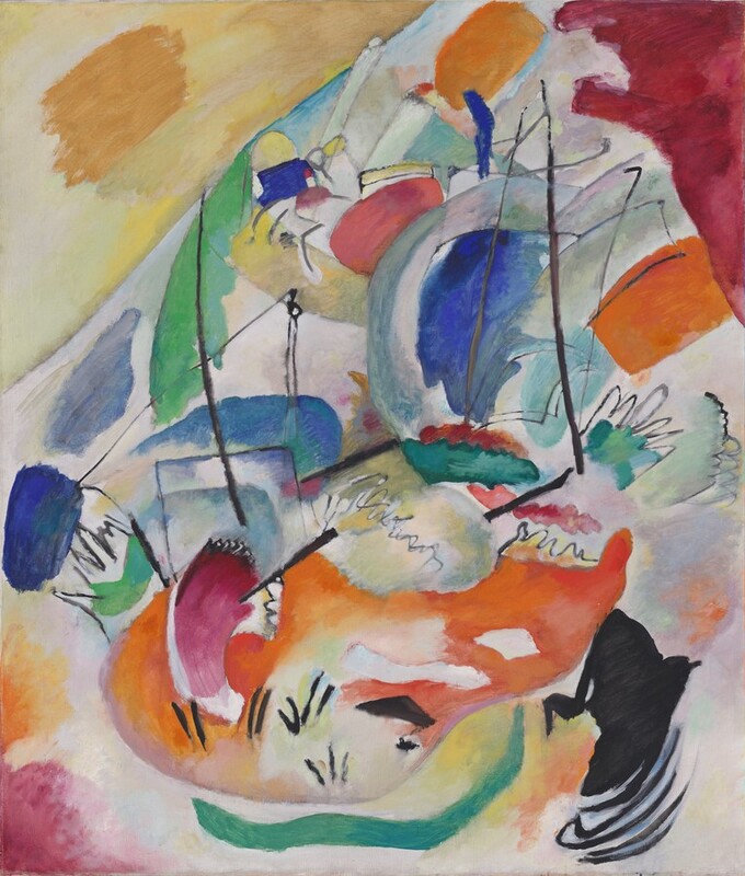 Black lines and one small, black triangular shape stand out against patches of color, in indigo and sky blue, pumpkin orange, butter yellow, emerald green, and ruby red, against a white background in this vertical, abstract painting. The paint seems thinly applied, resembling watercolor. Near the lower right corner, the black shape is roughly triangular and has five curving, parallel lines emanating from the bottom. Given the title of this painting, Improvisation 31, Sea Battle, the black lines could represent tall masts and outlines of sails amid areas of vibrant color that make up a boat and water around it.