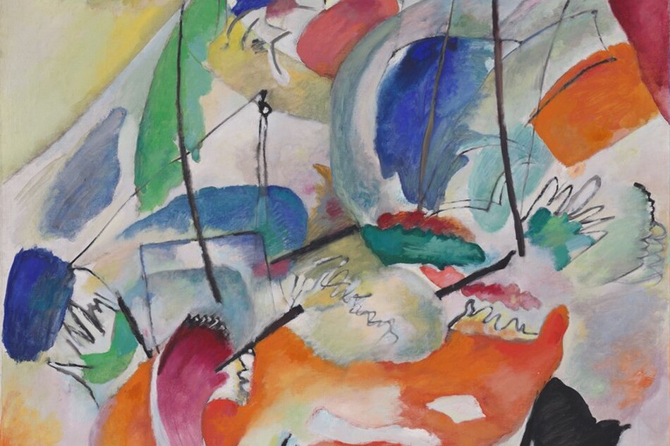 Black lines and one small, black triangular shape stand out against patches of color, in indigo and sky blue, pumpkin orange, butter yellow, emerald green, and ruby red, against a white background in this vertical, abstract painting. The paint seems thinly applied, resembling watercolor. Near the lower right corner, the black shape is roughly triangular and has five curving, parallel lines emanating from the bottom. Given the title of this painting, Improvisation 31, Sea Battle, the black lines could represent tall masts and outlines of sails amid areas of vibrant color that make up a boat and water around it.