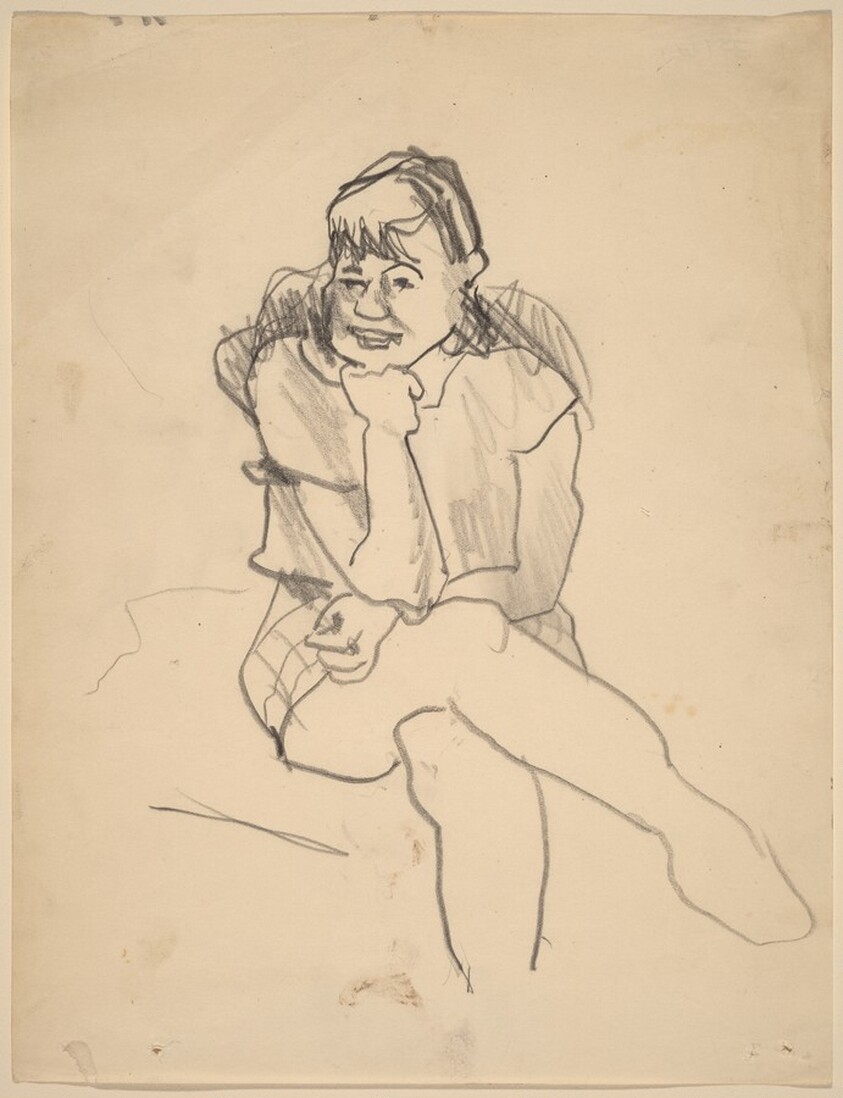 Young Girl Seated Facing Front, Head Propped on Arm