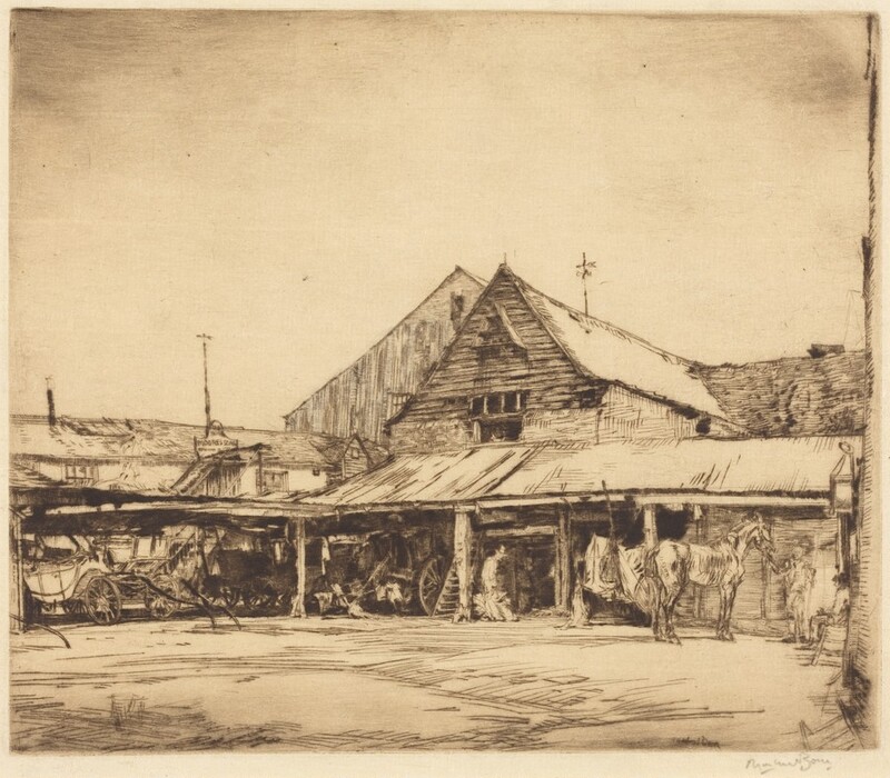 This print shows several wooden buildings situated together under an empty sky, with a low structure in front of them. People and a horse are visible under the roof of the structure on the right, with carriages and equipment on the left. Some of the details are hard to discern, especially as many objects are in shadow. The ground is flat and empty.