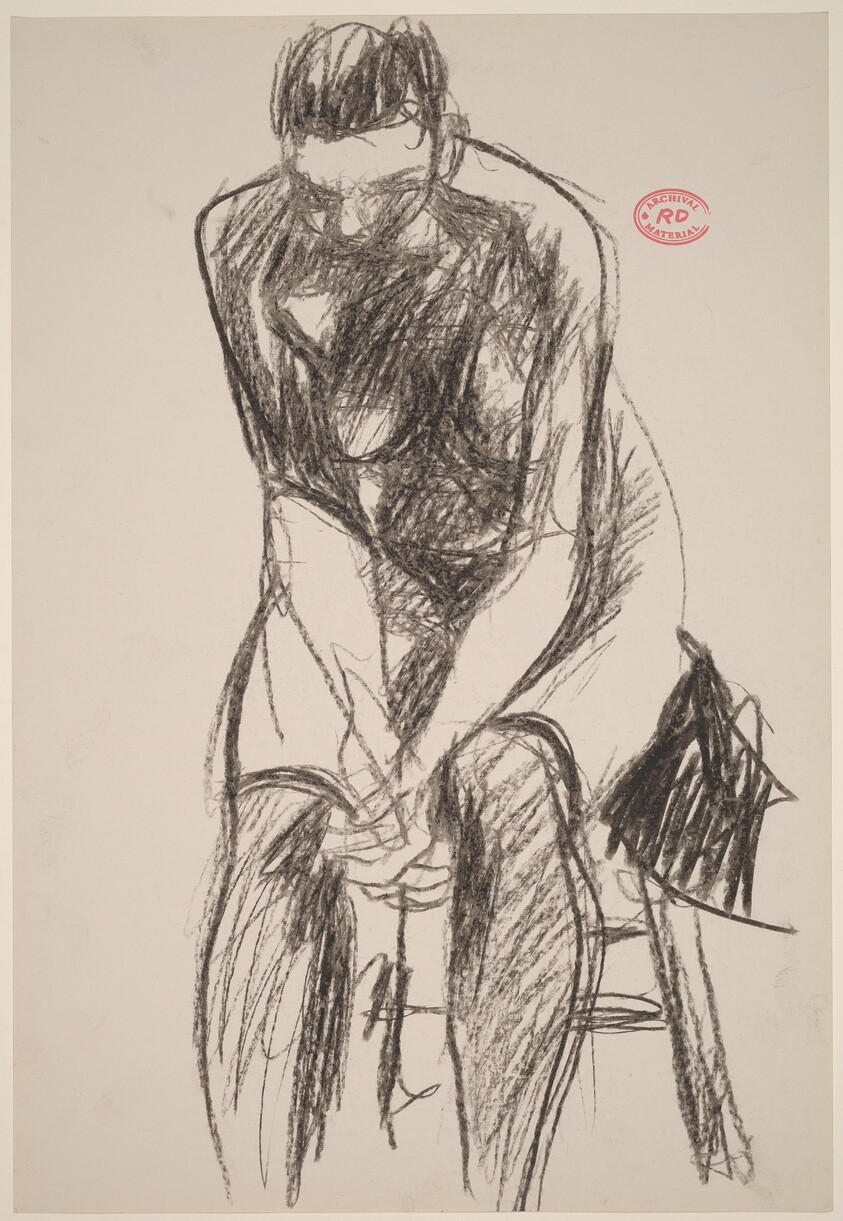 Untitled [female nude in stockings leaning forward on a stool]