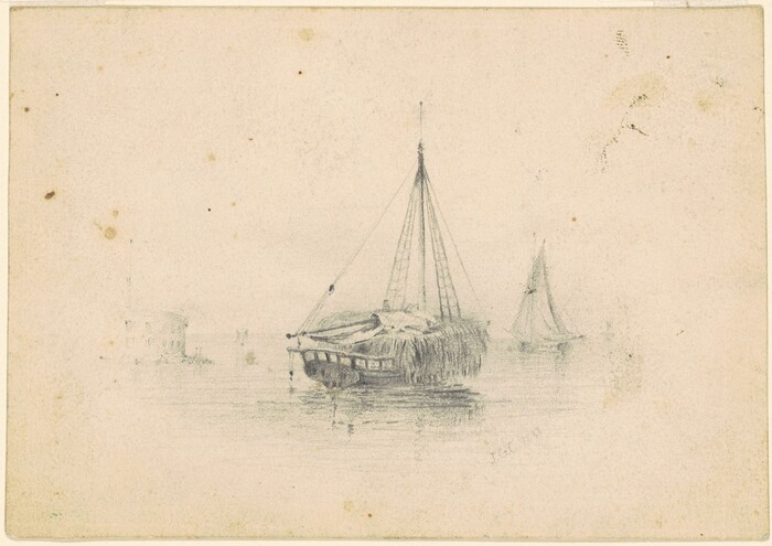 The image is a pencil drawing of a nautical scene. In the foreground, a boat with a sail down is on calm waters. Another sailboat is visible in the distance, and faint structures are seen along the horizon. The sky blends softly with the horizon, all depicted in light shading and fine lines. The drawing is monochrome, creating a gentle and tranquil atmosphere.