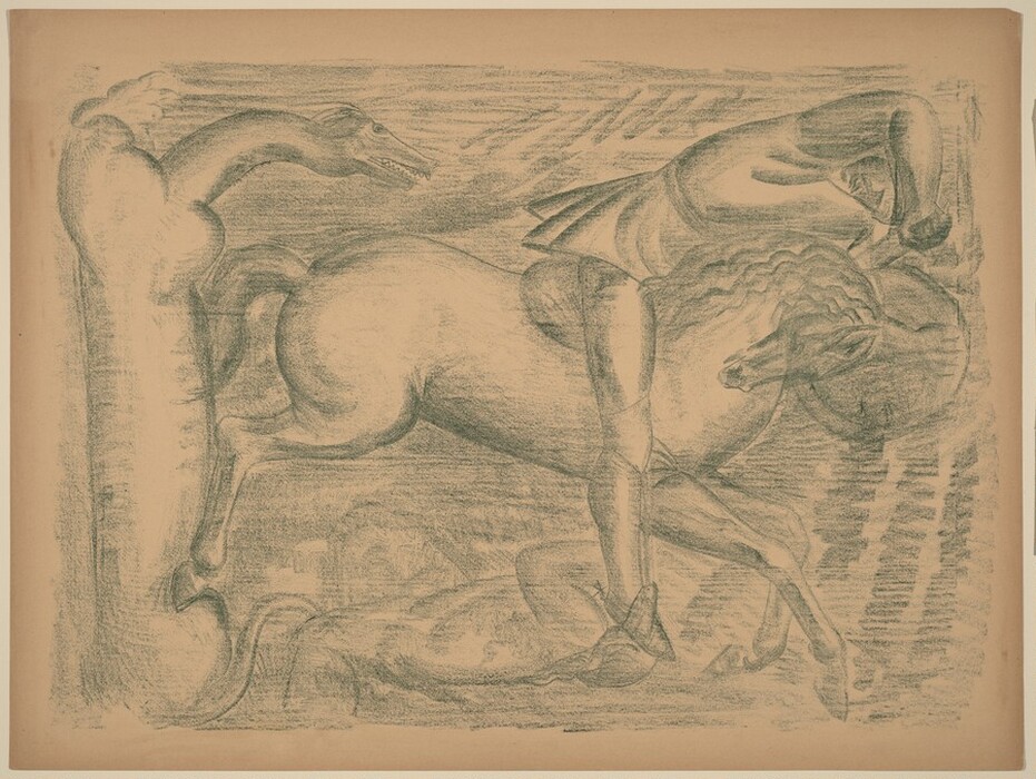 The image shows swirling curves and intersecting lines creating an abstract composition. Shapes resembling horse forms in motion intertwine in a dance-like manner. The figures have elongated necks and dynamic postures, typical of equestrian art. The overall style is sketch-like, enhancing the abstract quality. The horses' bodies merge and overlap, forming an intricate pattern.