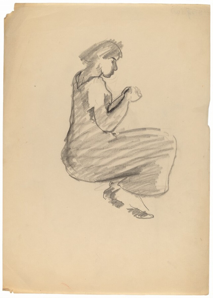 Seated Woman in Long Dress, Hands Clasped in Lap