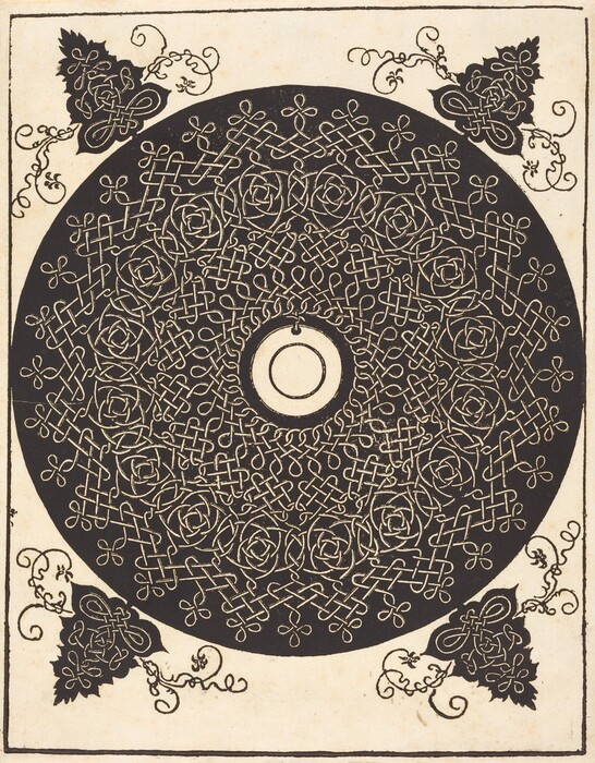 The image shows a circular design made of swirling lines and symmetrical lattices radiating from a central point. The pattern features interwoven loops and knots resembling flower petals, enclosed within a frame with leaf and vine embellishments. The composition resembles a mandala, drawing connections to floral arrangements and Celtic knots.