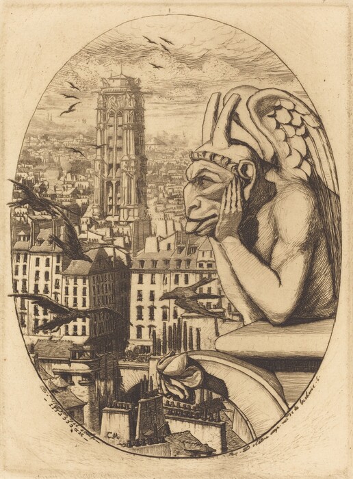 This is a drawing of a gargoyle overlooking a cityscape with a tower in the background. The gargoyle is detailed and perched on a ledge, while the city below is depicted with rows of buildings leading towards a distant towering structure. Birds are depicted mid-flight in the sky. The drawing captures a sense of antiquity and observation. The line work is detailed, highlighting the gargoyle and the cityscape.
