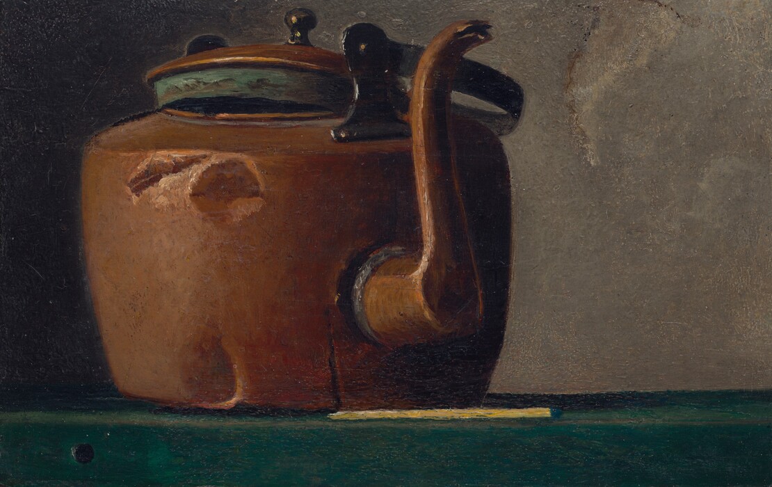 A dented copper kettle rests on a forest-green tablecloth in this horizontal still life painting. The kettle takes up the left two-thirds of the composition, and the finial of the lid and the tall spout nearly reach the top edge of the painting. The spout is angled to our right, and the far side of the kettle beyond the spout falls into shadow. The lid sits loosely on the opening. A thin, yellow matchstick with a dark blue head lays flat on the tablecloth just in front of the kettle and below its spout. A tornado-shaped area gouge is dug out of the elephant-gray wall behind the kettle.