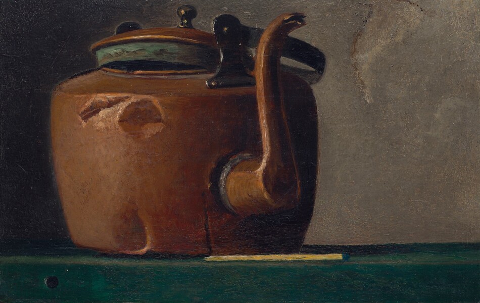 A dented copper kettle rests on a forest-green tablecloth in this horizontal still life painting. The kettle takes up the left two-thirds of the composition, and the finial of the lid and the tall spout nearly reach the top edge of the painting. The spout is angled to our right, and the far side of the kettle beyond the spout falls into shadow. The lid sits loosely on the opening. A thin, yellow matchstick with a dark blue head lays flat on the tablecloth just in front of the kettle and below its spout. A tornado-shaped area gouge is dug out of the elephant-gray wall behind the kettle.