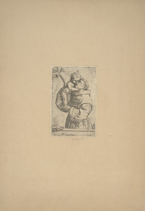 The image shows a child and an adult. The child is being cradled in the arms of the adult, positioned slightly elevated to be at the level of the adult's face. The child's face, seen in profile, features curly hair and a rounded facial structure, with the child leaning forward to touch their nose to the adult's. The adult is shown from the waist up, wearing a simple, voluminous garment that drapes over the shoulders, presumably a robe. The adult's hair is short and closely cropped. No jewelry or objects are visible in their hands. Near the top left of the small inset image, a stylized plant with a prominent flower is depicted. The background of the inset is minimally detailed, with subtle shading indicating texture. This inset is centered within a large blank space, emphasizing the central figures.