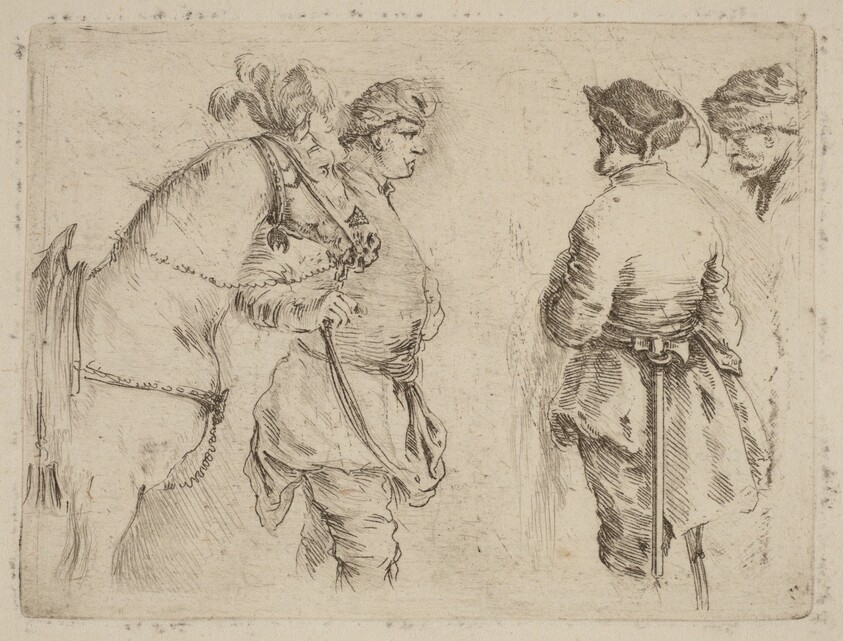 Pole Holding the Bridle of a Horse while Speaking with Two Other Men