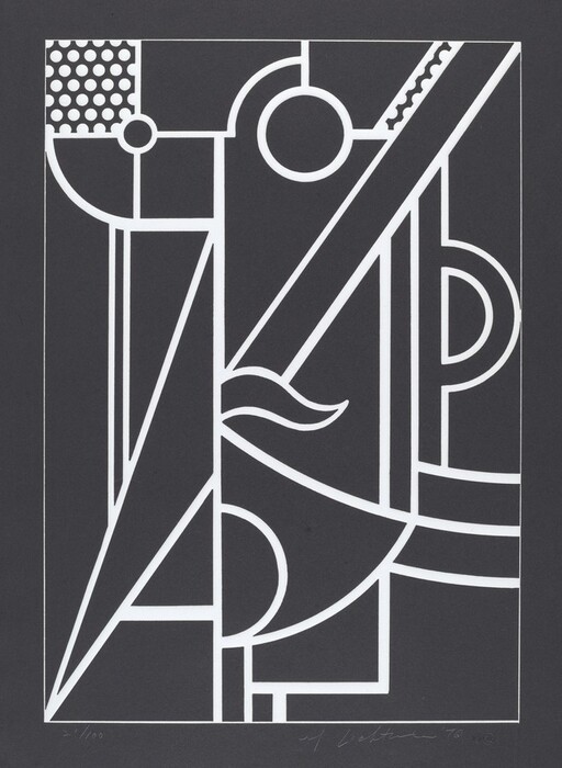 The image displays intersecting lines and geometric shapes such as circles, rectangles, and triangles in white on a dark background. The arrangement forms an abstract composition. The upper left and right corners feature patterns of round dots. The lines and shapes in the composition suggest a stylized figure possibly holding an object.