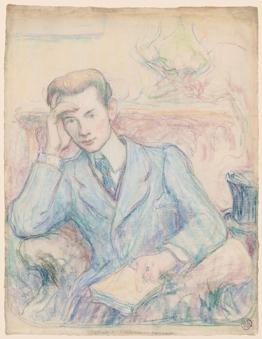 The image shows an illustration of a person seated in a relaxed position. They are leaning against a cushioned surface, with one arm resting on the armrest and the other hand supporting their head. The person has short, neatly combed hair and is dressed in a suit with a collared shirt and tie. They have a contemplative expression and their other hand rests on a book or notebook on their lap. In the background, there is a piece of furniture and a pastel-colored abstract design, creating a serene atmosphere.