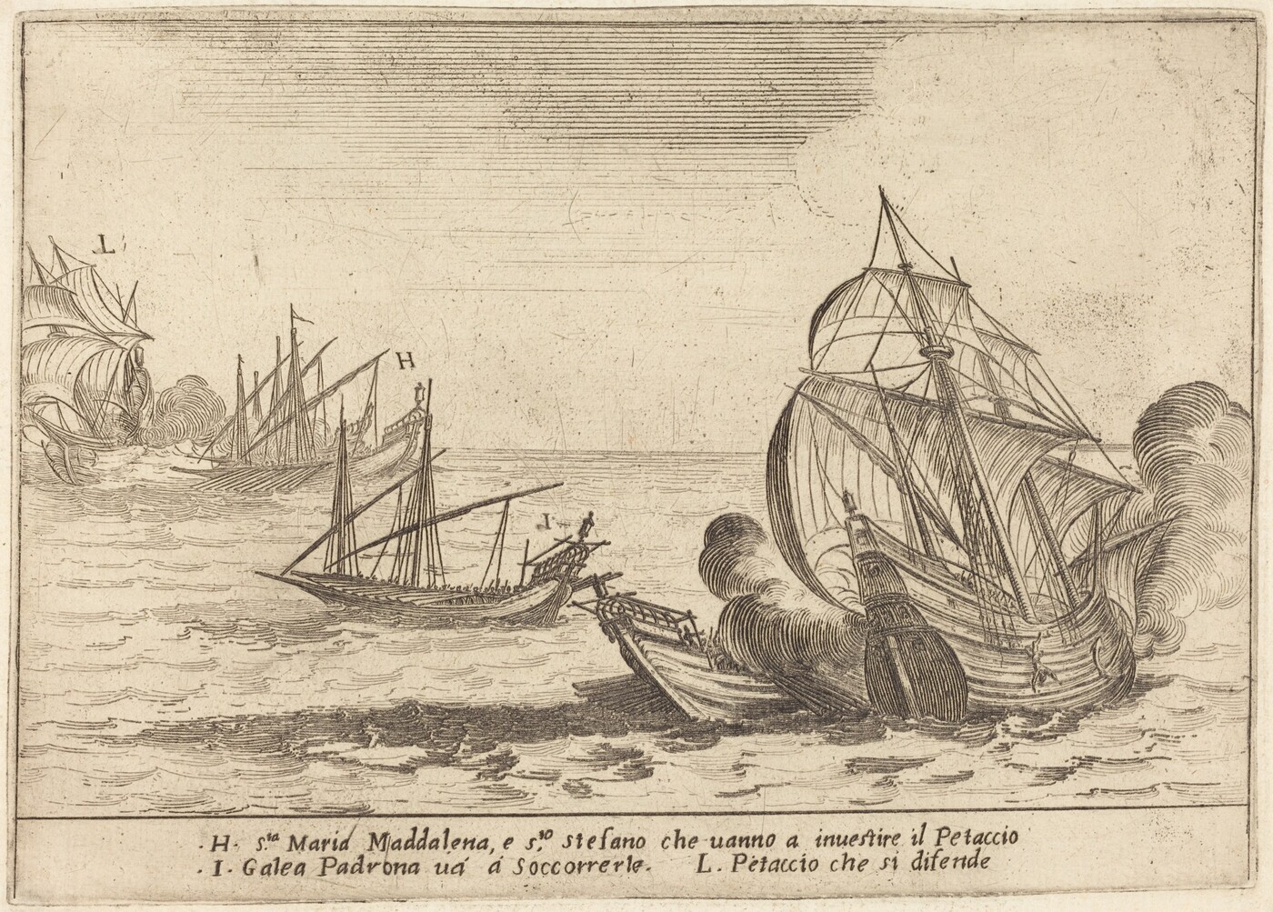 The image depicts a naval battle with several ships positioned across the sea. The viewpoint is elevated, showing the ships and the vast expanse of the sea. The horizon is high in the composition, with ships in varying distances. Ships in the distance are smaller, creating depth perception. Closer ships, including one in combat with firing cannons, are larger and more detailed. The etching technique shows fine lines and textures, depicting movement in the sea and sails. The color scheme is monochromatic, with shades of grey and black, giving a classic and historical ambiance. The sails and hulls of the ships have detailed linework, adding to the sense of action and drama on the water's surface.