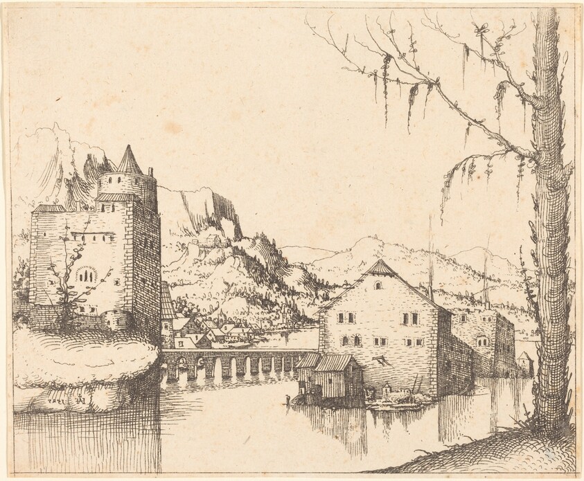 River Landscape with Two Buildings