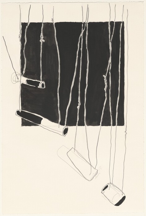 The image contains vertical thin lines that intersect with tubular shapes hanging at various angles. The lines and shapes create an abstract form resembling elongated strings with objects reminiscent of cylindrical cans or pipes attached to them. The background is a solid rectangular black color, contrasting with the lighter, empty surrounding space. This emphasizes the suspended elements in a manner suggestive of an unbalanced mobile.