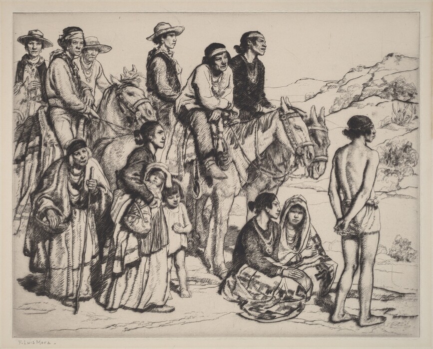 The image shows a group of diverse individuals presented in a black and white sketch. In the foreground, an older woman with a walking stick stands with a younger woman holding two children. One child is bundled up and the other appears barefoot. To the right, two women are seated, one wrapped in a blanket and the other with a hooded garment. In the middle, two men sit on horses. The background depicts rocky terrain and sparse vegetation, with more individuals on horseback in the distance.