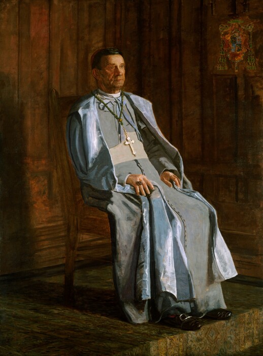 This painting shows a man seated in a wooden chair, facing slightly to the right with his hands resting on his lap. He has pale, wrinkled skin, a large nose, prominent cheekbones, a thin, closed mouth, and short dark hair. He wears a light blue clerical robe with a large cross around his neck. His shoes are dark with silver buckles, and he has a large ring on one finger. There is patterned fabric on the floor beneath his chair, which appears to rest on a low platform. The background has dark wood paneling, and a coat of arms is on the wall to the right.