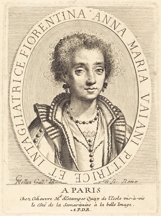 A portrait showing the head and upper torso of a person facing forward with the head slightly turned to one side. The facial features include a round face, large eyes, a straight nose, and full lips. The curly short hair surrounds the head. The individual is wearing a detailed garment with ruffled and embroidered edges, and a full collar. They have a string of beads or pearls around the neck, which is a necklace and a pendant. The background features an oval frame with text surrounding it, providing identifying information.