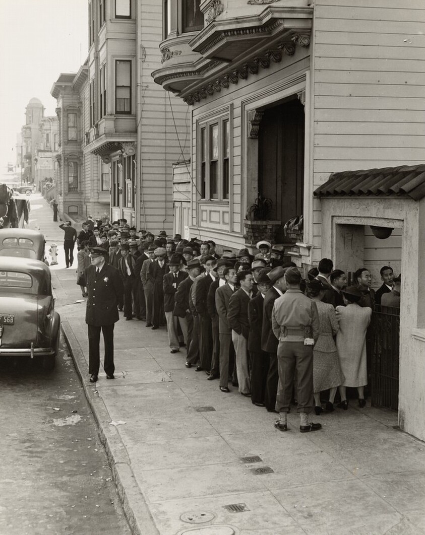 Residents, of Japanese ancestry, appearing at the Civil control station for registration in response to the Army's exclusion order No. 20—The evacuees will be housed in War relocation authority centers for the duration, San Francisco, California