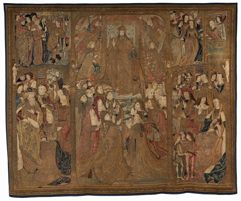 This horizontal tapestry is divided into three vertical sections by architectural columns and arches. The center column is a little wider than those to either side, but all three sections are packed with people, all with ivory-white skin. In the center column, a crowned Jesus is seated on a throne at the top center. His elaborately patterned robe falls in folds down past his feet. He hovers above a landscape view, which is flanked in the foreground by groups of men and women. About a dozen people are clustered on each side, many of them looking up at Jesus, and most of them wearing religious garments that range from monks and nuns to cardinals and bishops. Two crowned men kneel to our right in the center panel, their hands pressed together in prayer. Each column on either side of the central panel is divided so there is a smaller vignette above taller vignettes below. Large groups of people gather in each scene. Much of the tapestry’s surface is now brown, but it is punctuated throughout with patches of rust red, sky blue, and pale yellow.