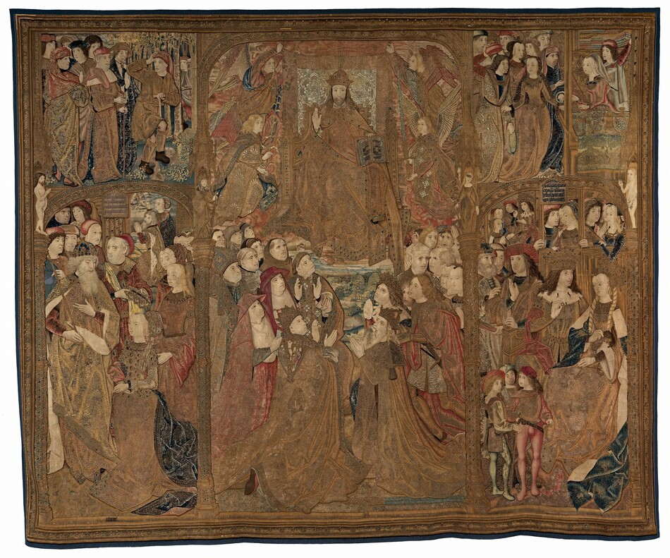 This horizontal tapestry is divided into three vertical sections by architectural columns and arches. The center column is a little wider than those to either side, but all three sections are packed with people, all with ivory-white skin. In the center column, a crowned Jesus is seated on a throne at the top center. His elaborately patterned robe falls in folds down past his feet. He hovers above a landscape view, which is flanked in the foreground by groups of men and women. About a dozen people are clustered on each side, many of them looking up at Jesus, and most of them wearing religious garments that range from monks and nuns to cardinals and bishops. Two crowned men kneel to our right in the center panel, their hands pressed together in prayer. Each column on either side of the central panel is divided so there is a smaller vignette above taller vignettes below. Large groups of people gather in each scene. Much of the tapestry’s surface is now brown, but it is punctuated throughout with patches of rust red, sky blue, and pale yellow.