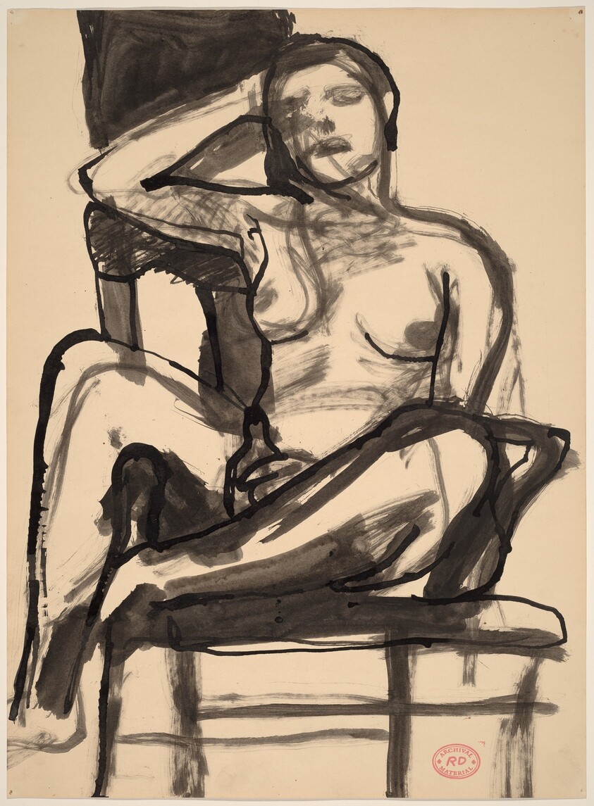 Untitled [seated female nude with right arm on chair back]