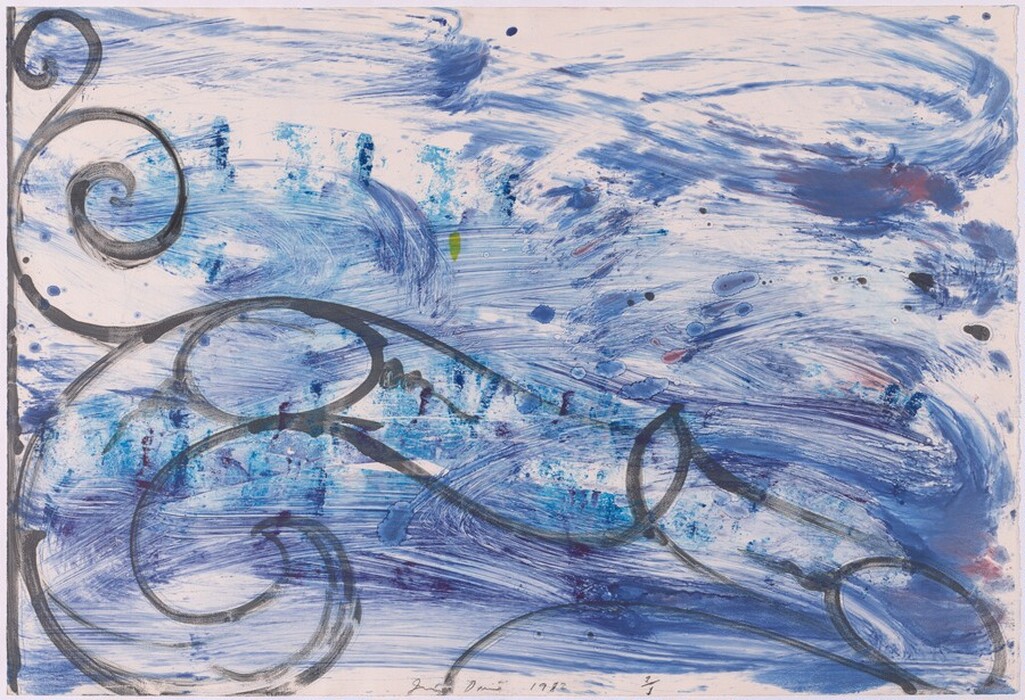 The image depicts swirling lines and curves in shades of blue on a light background. The abstract composition includes dark, winding loops. Splashes and smudges of blue create a textured surface. The artwork evokes the dynamic and fluid nature of natural elements through its flowing shapes and colors.