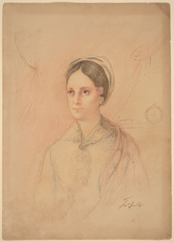 Shown from the waist up, a pale-skinned woman looking slightly up and to our left is drawn on now-yellowed paper in this vertical portrait. Her shoulders angle to our left and she looks steadily in that direction with light brown eyes under low, thin brows. Her short nose is wide at the top, and her thin, peach-colored lips are closed. Her brown hair is parted down the middle and pulled back under a white bonnet with a blue stripe. A small pink flower is tucked behind the ear facing us. A lacy cravat or kerchief lies high on her neck and is fastened with a brooch at her throat. Her tightly fitting bodice is shaded with pale blue, and a shell-pink shawl drapes over her left shoulder, to our right. The smooth skin and contours of her face are drawn in detail, and the remaining areas, including a ledge, clock, and curtain behind her, are loosely sketched. A signature in the lower right corner reads, “Thos Sully.”