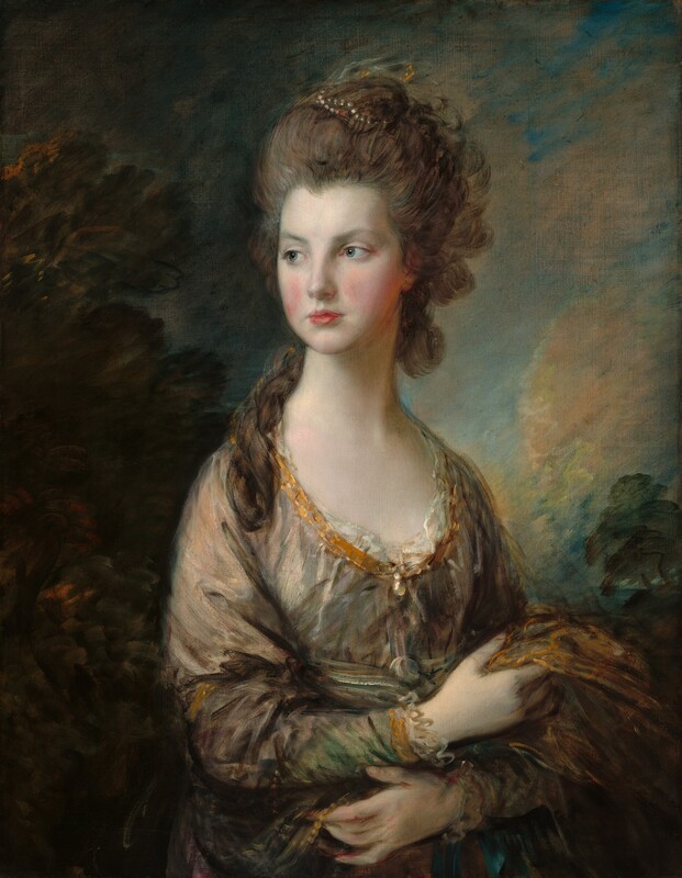 Shown from the hips up, an elegantly dressed woman with smooth, pale skin and ash-brown hair piled high on her head looks off into the distance to our left in front of a loosely painted landscape in this vertical portrait. Her body is angled to our right but she looks in the opposite direction with clear blue eyes under faint eyebrows. She has rosy cheeks, a small nose, and bow-shaped, apple-red lips set in an oval face. Her hair is streaked with brown and gray, and is arranged in a high updo with a long tendril curling down in front of her right shoulder, to our left. A string of silver pearls are wound through her hair at the top, and a few strokes of bronze-colored and white paint faintly suggest a veil or other head covering at the back of her head. Her dress is also loosely painted with dashes of pewter gray and honey gold. The low, curving neckline and cuffs of the long sleeves are edged with gold ribbon and ivory-white ruffles. A jewel, possibly a large pearl, hangs at the center of the neckline on her chest. She crosses her wrists across her waist and holds the fabric of the dress in one hand and a piece of bronze-gold fabric with the other. The landscape behind her has pine-green trees framing a deep, topaz-blue sky with parchment-white and pale peach clouds.